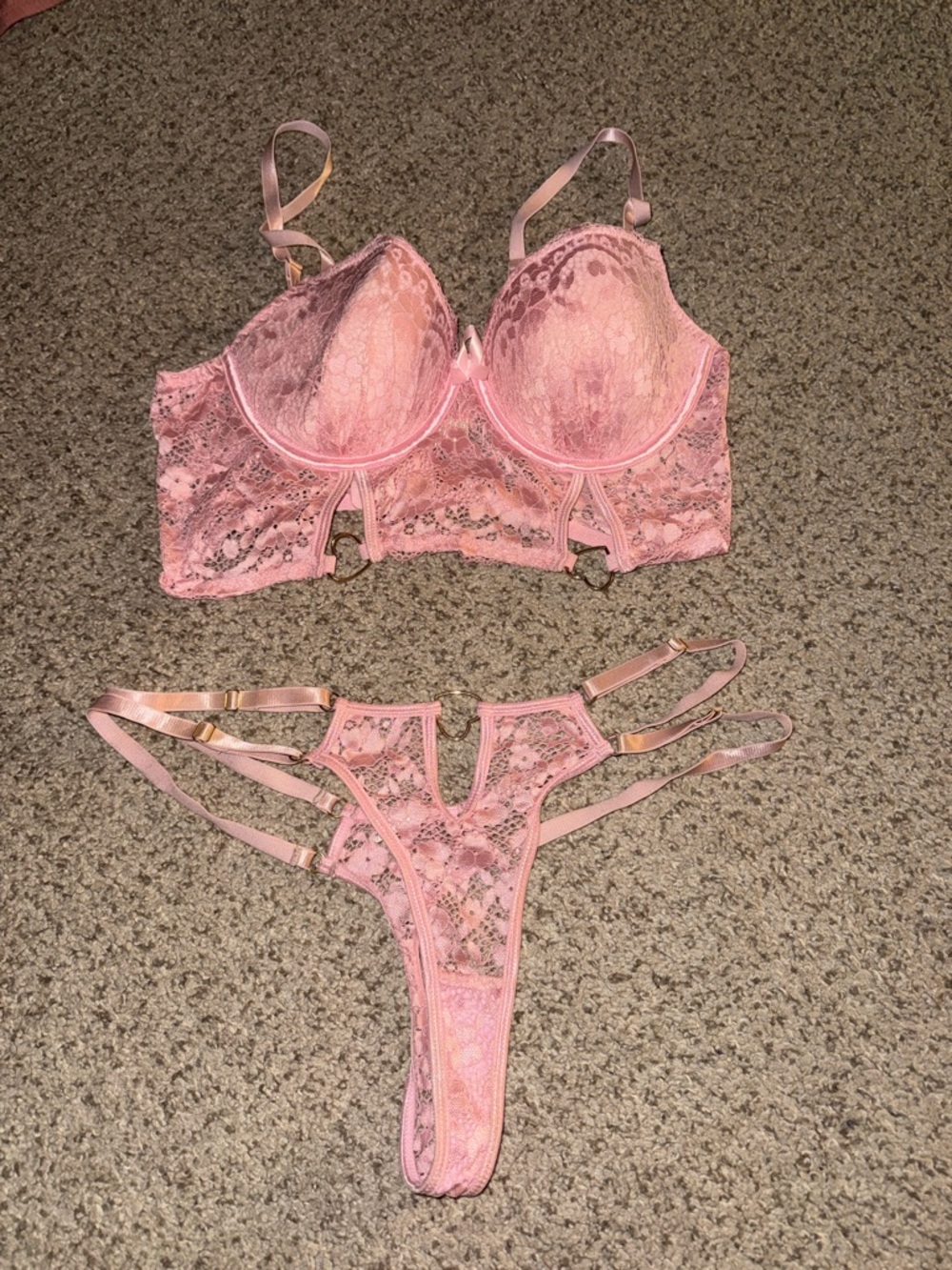 Lace Longline Underwire Bra and Strappy Thong Set - Pink